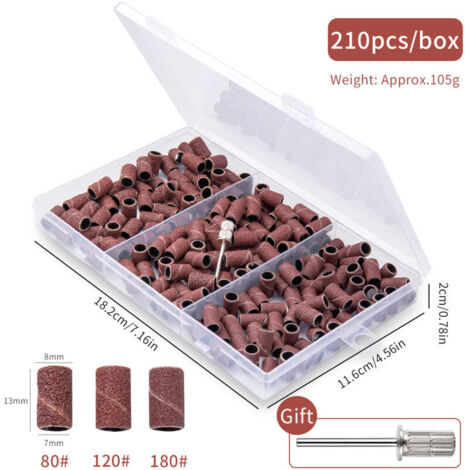 210 pezzi Adattatore per tamburo Banda Manicotto abrasivo Compatibile con utensili rotanti Dremel Punta in smeriglio Mandrino per levigatrice Grana 80/120/180 Chiodi per ceramica, pietra (1/4)