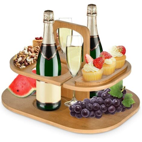 Tavolino da picnic per esterni, tavolino da caffè/vassoio per antipasti in legno, tavolino portatile da giardino per campeggio e giardino, con 2 portabicchieri, 2 portabottiglie e 2 piatti divisi. (1/4)
