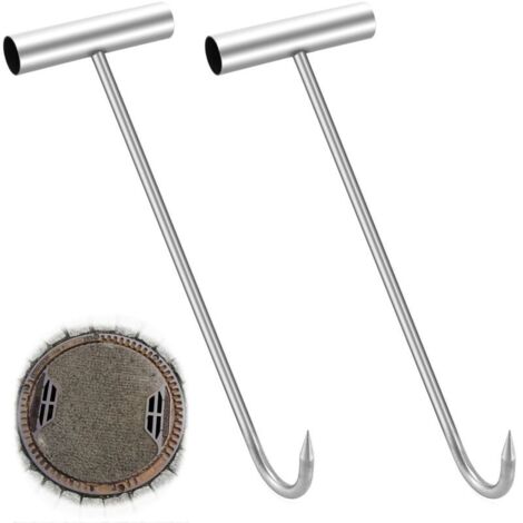 Set di 2 ganci per sollevamento coperchi di tombini - Resistenti - Acciaio inossidabile - 30 cm - Argento (1/2)