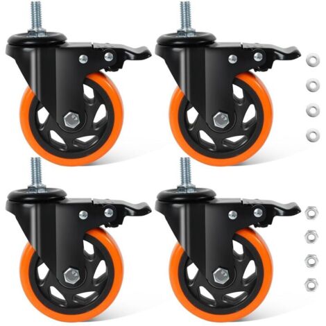 Ruote robuste da 100 mm, ruote per mobili M12 mm x 30 mm con freno, ruote girevoli per carichi pesanti da 550 kg per il trasporto di mobili, banchi da lavoro, carrelli portautensili, pallet (1/4)