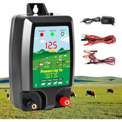 Sistema di recinzione elettrica a 12V con display a LED, portata di 15 km, 2 Joule, 12kV, per la protezione di animali da allevamento, pollame, pascoli e giardini.