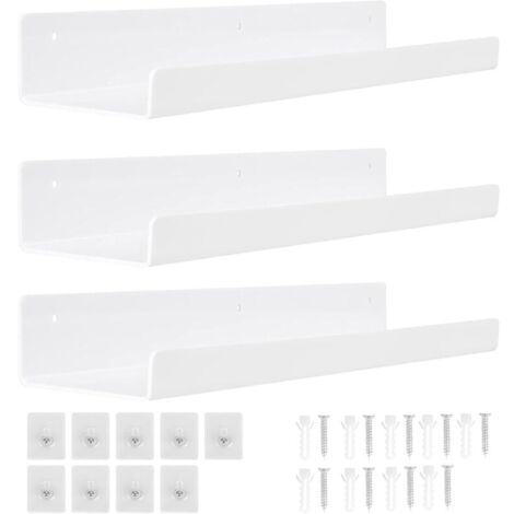 Set di 3 mensole da parete bianche, non necessitano di foratura, mensole in acrilico da 30 cm, mensole galleggianti, ideali per bagno, camera da letto, soggiorno, cucina e decorazione d'interni. (1/4)