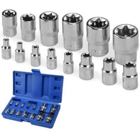 Set di 14 bussole esagonali da E4 a E24, con attacchi da 1/4", 1/2" e 3/8", realizzate in acciaio al cromo vanadio. (1/4)