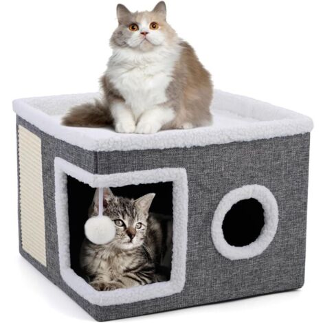 Cuccia pieghevole per gatti di grossa taglia da interno, 43 cm di larghezza x 43 cm di lunghezza x 32 cm di altezza, grande cuccia per gatti con tiragraffi e pallina da gioco, cubo per gatti a 2 strat