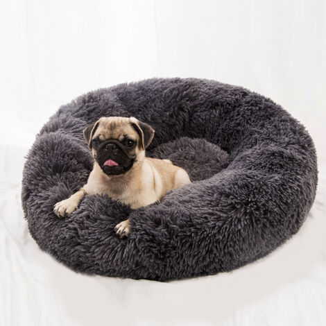 Coussin rond en peluche longue, gris foncé, 60 cm, pour chien ou chat. (1/4)