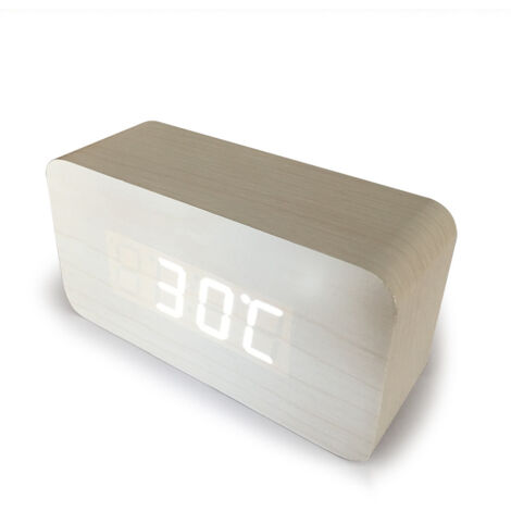 Réveil numérique blanc en bois, luminosité réglable, commande vocale (1/3)