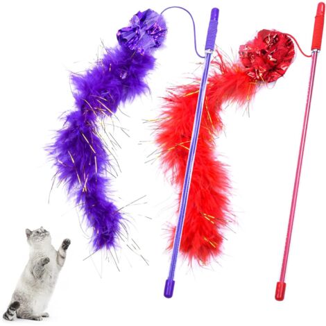 Jouets à plumes pour chats, lot de 2 jouets interactifs pour chats, violet et rouge. (1/5)