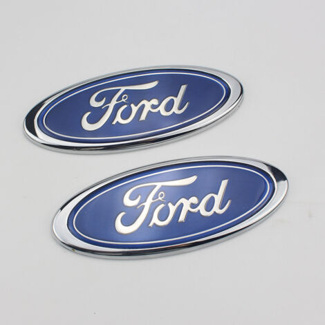 Lot de 2 emblèmes ovales Ford bleu/chrome 145 x 60 mm avant/arrière