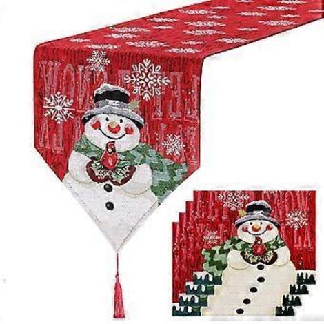 Ensemble de sets de table et chemins de table brodés, motif bonhomme de neige, décorations de Noël pour sets de table (chemin de table (1+4)) (1/5)
