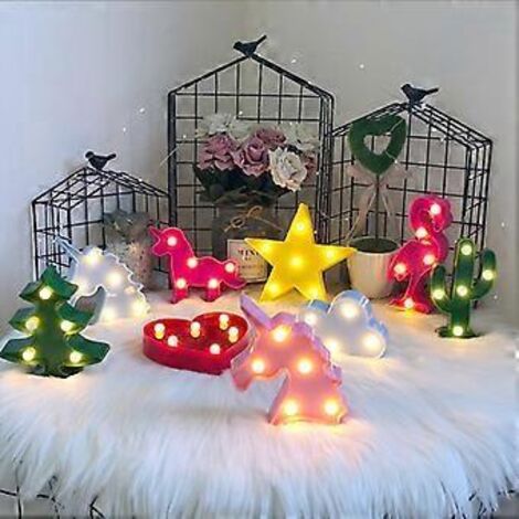 Ensemble de 9 lampes lumineuses de Noël à piles en forme de flamant rose, cactus, étoile et nuage, avec LED décoratives, pour chambre d'enfant ou crèche. (1/2)