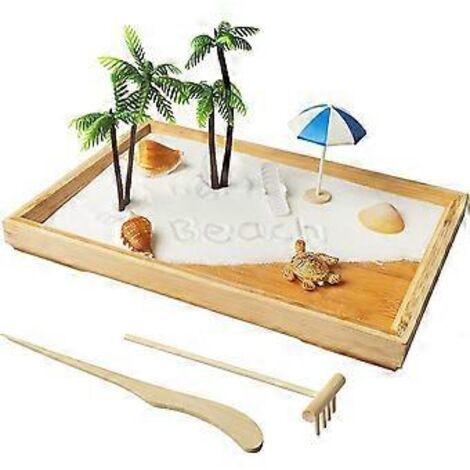 Jardin zen japonais pour bureau, plage blanche, 30 x 20 cm, mini jardin zen de bureau avec sable blanc, bonsaï artificiel, rochers, râteaux et accessoires de méditation (1/4)