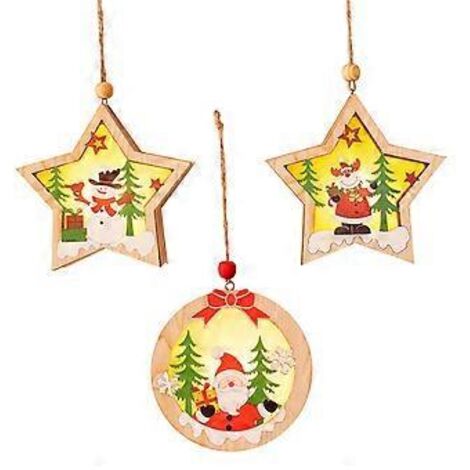 Ensemble de 3 décorations de Noël lumineuses, décorations de sapin de Noël avec suspensions en bois, ensemble de décorations de Noël pour l'hiver, intérieur et extérieur. (1/5)