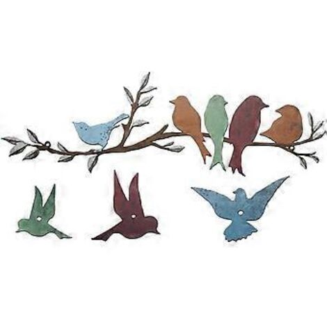 Ensemble de 1 décoration murale en métal représentant des oiseaux sur une branche, avec des feuilles suspendues. Sculpture en fer forgé représentant un arbre et une silhouette d'oiseau. Ornement mural (1/4)