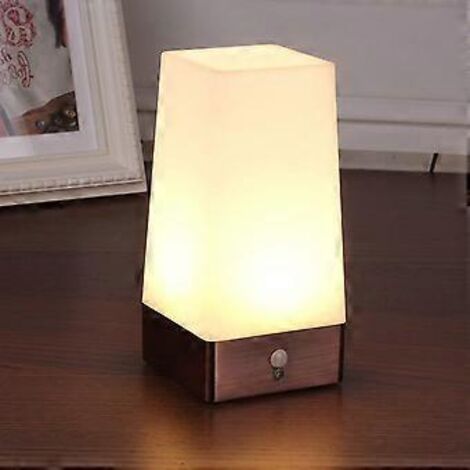 Lampe de table, veilleuse LED rétro, lampe de chevet avec détecteur de mouvement PIR sans fil, fonctionne avec 3 piles AAA 1,5 V, plastique, lumière blanche, forme carrée (1/5)