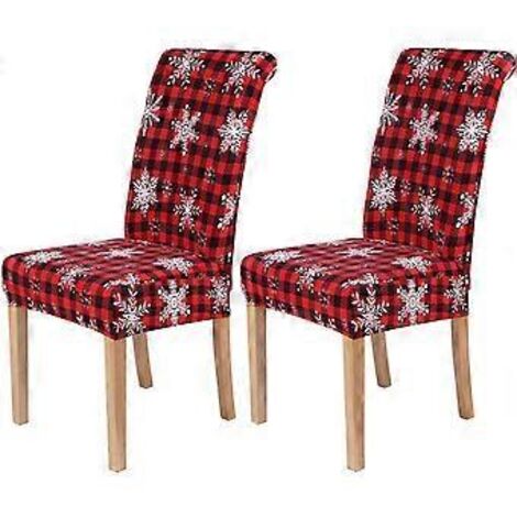 Housses de chaises de salle à manger pour Noël, lot de 2 housses extensibles imprimées, amovibles et lavables, motif à carreaux et flocons de neige. (1/4)
