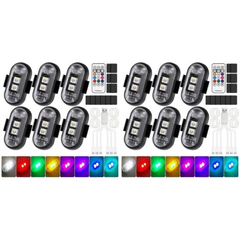 Lot de 12 feux LED sans fil avec télécommande pour voiture, feux stroboscopiques LED sans fil 8 couleurs pour voiture, moto, drone, vélo (1/4)
