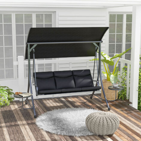 Balancelle de Jardin 3 Places avec Table et Toit Solaire Réglable, 271 x 125 x 177 cm, Structure en Acier et Toile Résistante, Capacité 300 kg, pour Terrasse ou Extérieur, Noir (1/5)