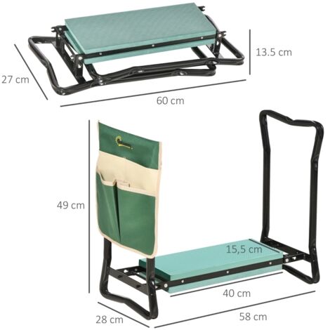 Tabouret de jardin pliable 2-en-1 avec repose-genoux et pochette à outils, mousse EVA, dimensions 58 x 28 x 49 cm, noir