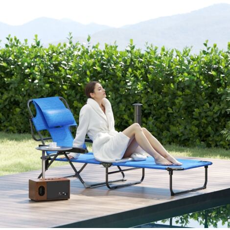 Chaise longue de jardin pliable résistante aux intempéries, 194x72 cm, structure en acier et toile noire bleu foncé (1/5)