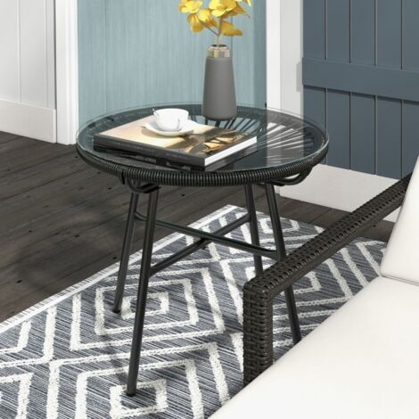 Table d'appoint de jardin style bohème en rotin PE avec verre trempé, résistant aux intempéries, dimensions 50 x 50 x 50 cm, couleur noire (1/5)