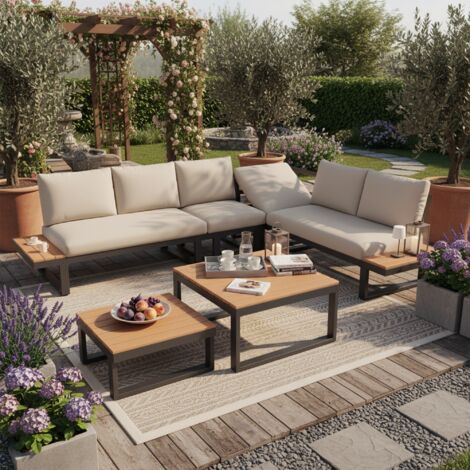 Salon de jardin angle inclinable 5 positions beige/gris, 2 tables basses, plateau bois, piètement acier zingué, jusqu’à 55°