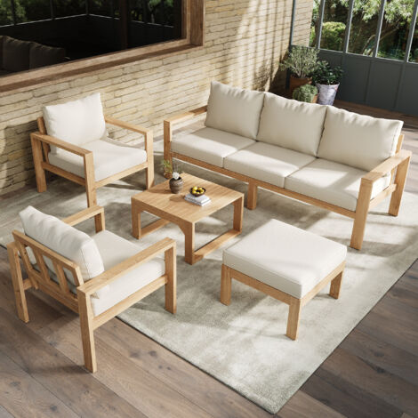 Salon de Jardin Lounge 4-6 Places - Canap茅 3 Places + 2 Fauteuils + Repose-pieds + Table Basse - Acacia Massif - Bois Naturel (1/5)