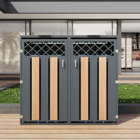 Armoire à Poubelle Double avec Couvercles Hydrauliques - Portes à Perforations Diamant et Bois - Structure Acier Galvanisé - 2 Compartiments Verrouillables - Gris