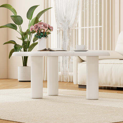 Table Basse Design Nuage 90,8x62,5x40 cm - Plateau Aspect Marbre - Pieds Bois Massif - Bords Arrondis - Structure Panneaux de Particules - Blanc (1/4)