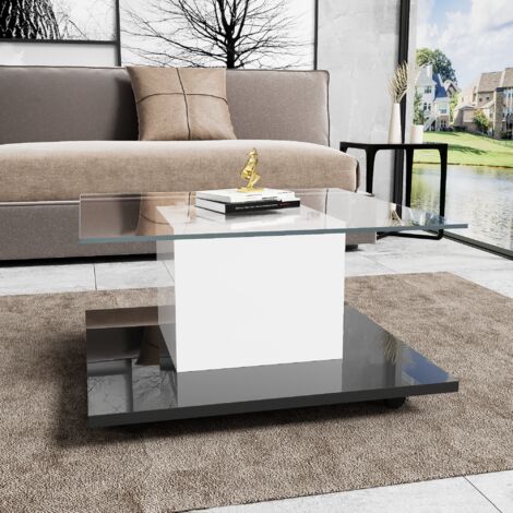 Table Basse Design Moderne 80x80x40 cm - Plateau Verre Trempé - LED Multicolore Réglable - Roulettes avec Frein - Blanc et Noir (1/5)