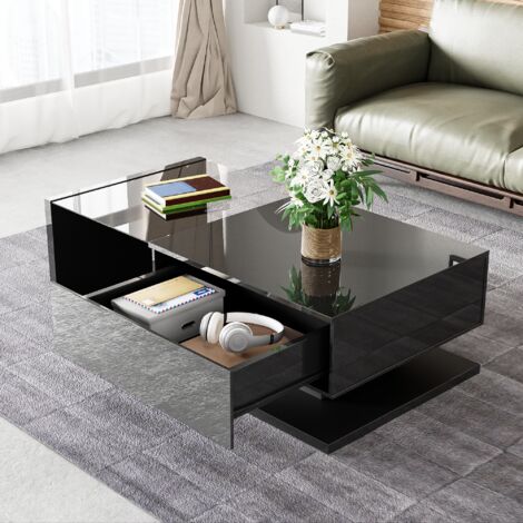 Table Basse Design Noir Laqué 105x55 cm - Plateau Verre Trempé-LED 16 Couleurs Réglables -Étagère de Rangement - pour Salon Moderne (1/5)