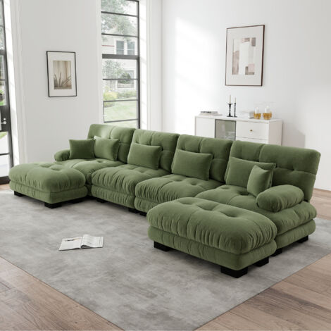 Canapé d'Angle Modulable 4 Places en Chenille Vert - Nuage Confort - Design en U, L ou Linéaire - Accoudoirs Ronds - Avec Poufs Mobiles
