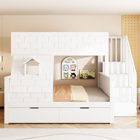 Lit Superposé 90x200 + 140x200 cm avec Escalier de Rangement - 2 Tiroirs Sous-Lit - Fenêtre Décorative - Structure Pin Massif - Blanc