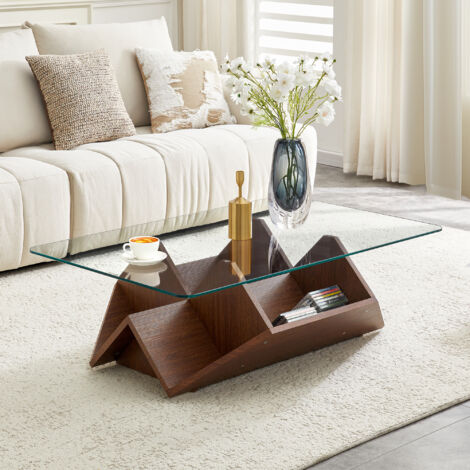 Table Basse 103x63x33,5 cm - Plateau Verre Trempé - Structure MDF Noyer - Rangements Multiples Compartimentés - pour Salon, Bureau - Noyer