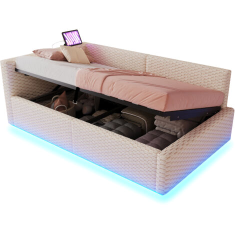 Lit capitonné 90x200 cm avec éclairage led ports usb et usb c tête de lit en l rembourrée coffre hydraulique, tissu velours doux, bois métal, beige (1/5)