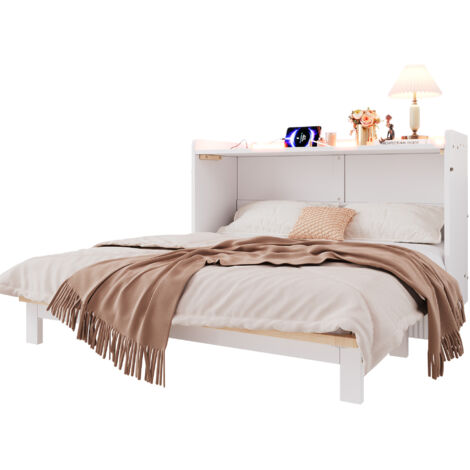 Lit escamotable 140x200 avec tiroirs sous lit, ports usb et prise, éclairage led, convertible en lit plateforme, sans matelas, blanc (1/5)