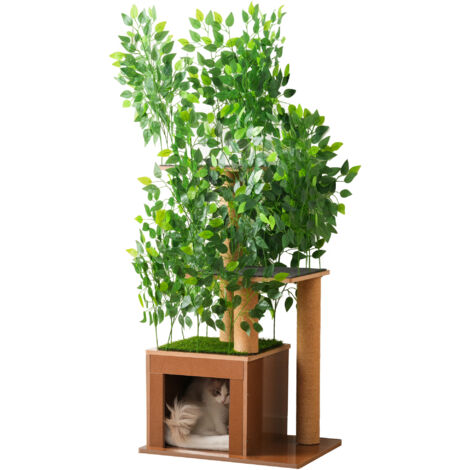 Cat tree design arbre 158cm avec 3 plateformes & niche, mdf étanche & anti-rayures, feuilles amovibles, matériau sécurisé - vert & naturel (1/5)