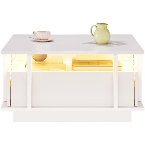 Table basse lumineuse 70x70x35cm avec éclairage led, 2 tiroirs et séparateur en acrylique transparent, design brillant gain de place, stratifié, blanc (1/5)