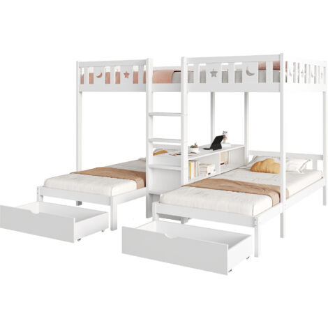 Lit superposé triple 140x220cm et 90x200cm avec échelle rangements 2 tiroirs, lit enfant avec  barrière sécurité motif étoiles lune, bois massif blanc