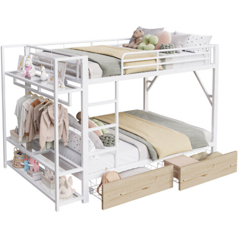 Lit enfant 140 x 200 cm avec led, lit superposé avec rangements intégrés 2 tiroirs étagères et porte-vêtements, structure en métal robuste, blanc