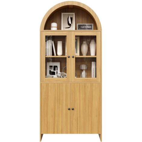 Buffet vitrine 176cm avec portes en verre, sideboard avec plateau arche motif vagues, meuble de rangement fermé pour salon salle à manger, bois (1/5)
