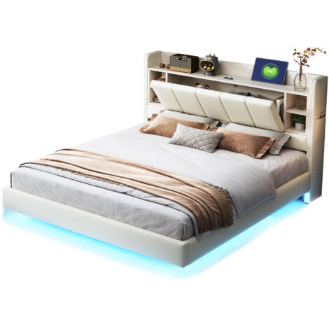 Lit double capitonné 160 x 200 cm avec éclairage led et usb, lit rembourré tête de lit réversible avec coussins de rangement, tissu effet lin, beige (1/5)