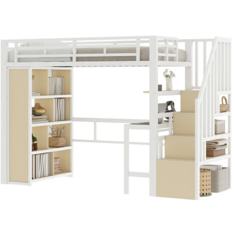 Lit mezzanine 90 x 200 cm avec éclairage led, lit adulte avec bureau intégré, escalier avec rangement et étagère, structure en métal robuste, blanc (1/5)