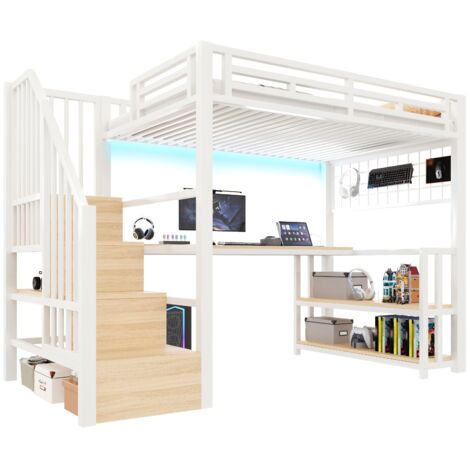 Lit mezzanine 90 x 200 cm avec led et bureau intégré, lit single avec escalier de rangement, étagère et grille suspendue, ports usb et type-c, blanc