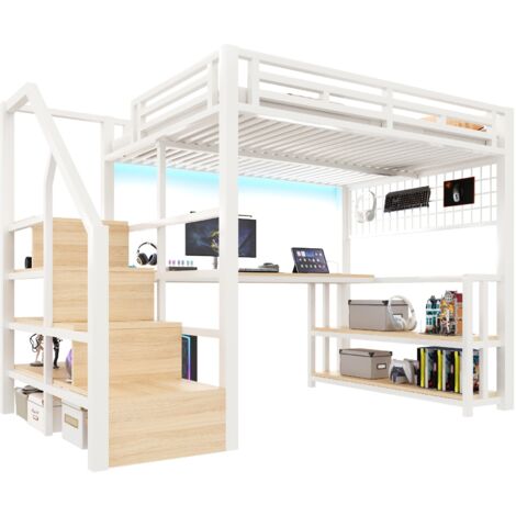 Lit mezzanine 140 x 200 cm avec led et bureau intégré, lit adulte avec escalier de rangement, étagère et grille suspendue, ports usb et type-c, blanc (1/5)