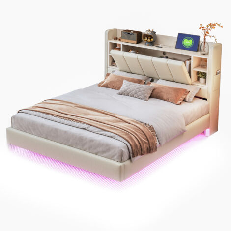 Lit double capitonné 140 x 200 cm avec éclairage led et usb, lit rembourré tête de lit réversible avec coussins de rangement, tissu effet lin, beige (1/5)