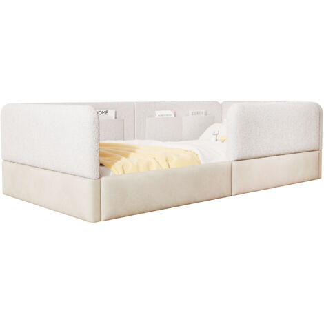 Lit plateforme capitonné 90x200 cm avec barrières de sécurité poche de rangement, lit simple design confortable pour chambre ado, blanc (1/5)