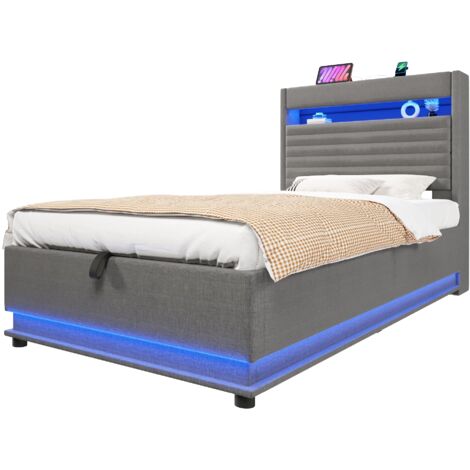 Lit coffre 90x200 avec rangement hydraulique & led, lit capitonné avec usb-c & app, design moderne en lin, sommier inclus, gain de place - gris (1/5)