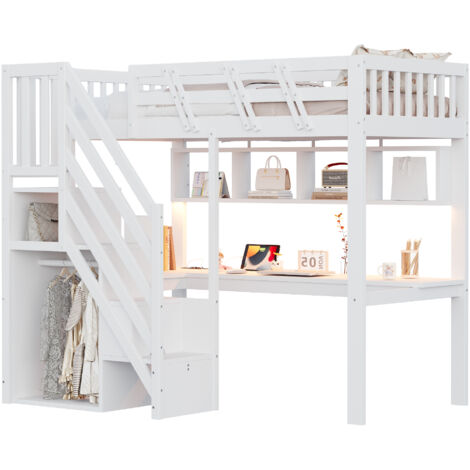 Lit mezzanine 90x200 cm en bois massif avec bureau escalier rangement prises usb éclairage led, lit enfant ado gain de place, structure bois blanc
