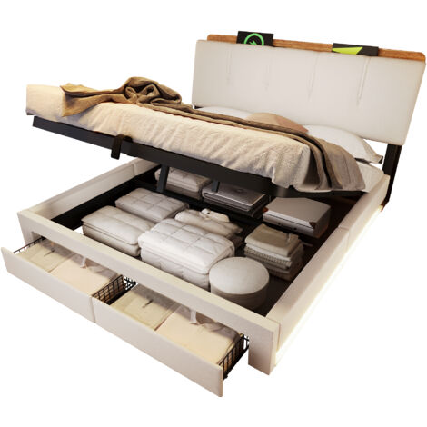 Lit coffre capitonné 140x200 avec rangement hydraulique, ports usb et type-c, éclairage led avec commande boutonapp, sans matelas, tissu lin, beige (1/5)