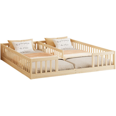 Lit enfant 90x200 avec barrières de sécurité et sommier à lattes, design minimaliste pour chambre enfant, bois de pin massif, sans matelas, naturel